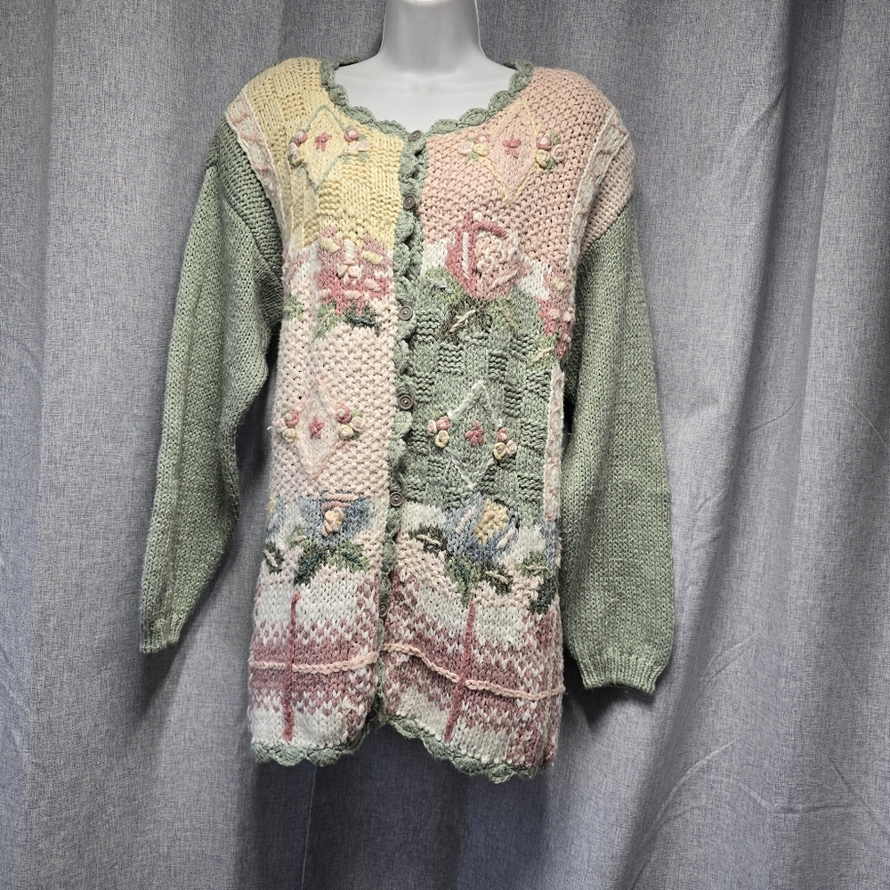 Vintage Handmade Hand Crafted Crochet Knitted Cardigan Sweater Large